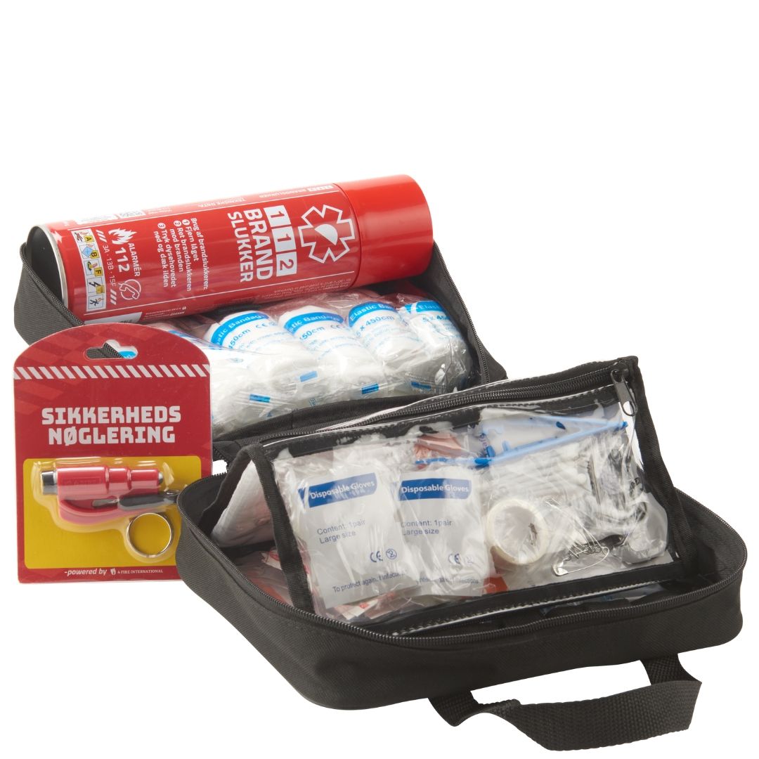 Førstehjælpstaske m. 112 brandslukker & sikkerhedsnøglering (DIN 13 164)