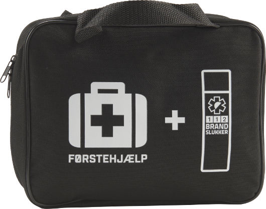 Førstehjælpstaske m. 112 brandslukker & sikkerhedsnøglering (DIN 13 164)